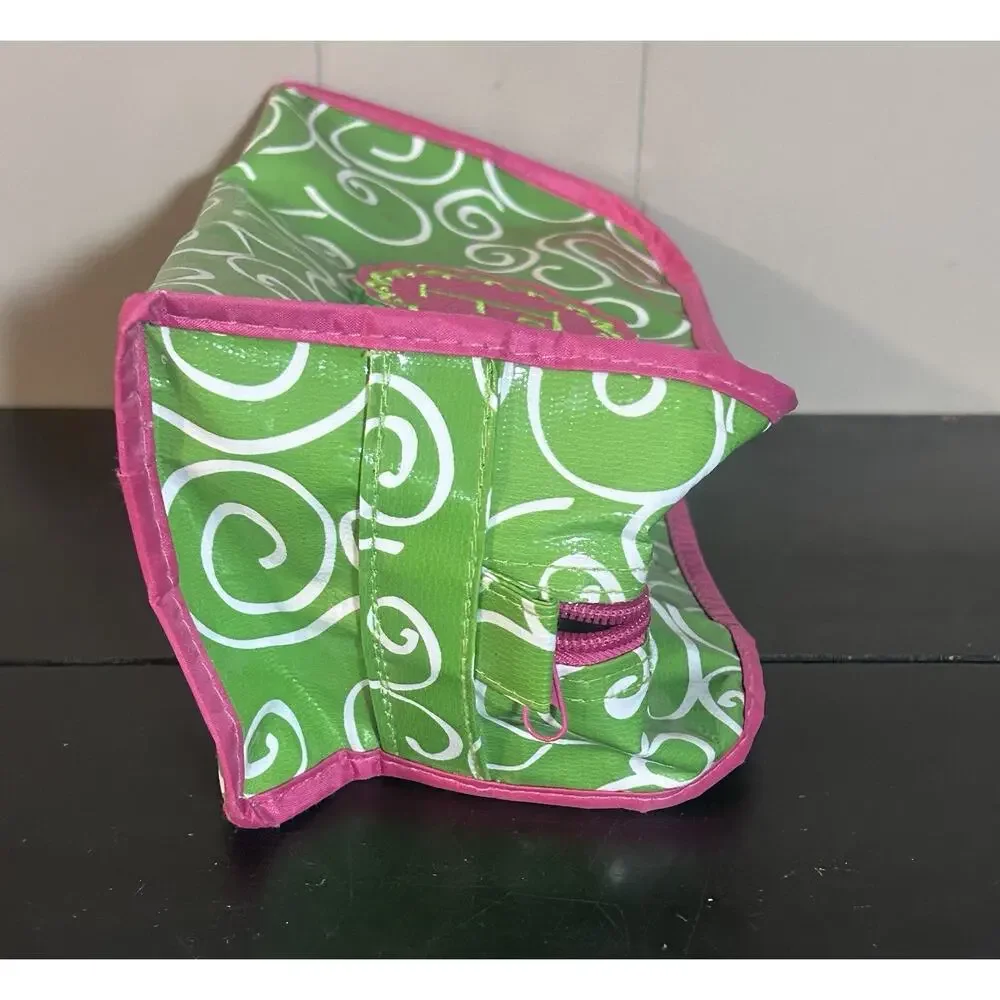Monogram F Green Pink Swirl Cosmetic Makeup Bag Travel Organizer 10” 4”